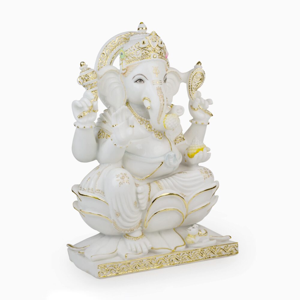 Ganesh Ji - Lord Ganesha In White Marble With Gold Work - Image 3