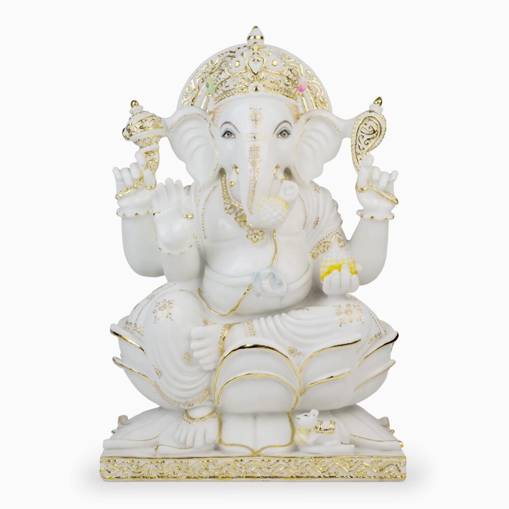 Ganesh Ji - Lord Ganesha In White Marble With Gold Work