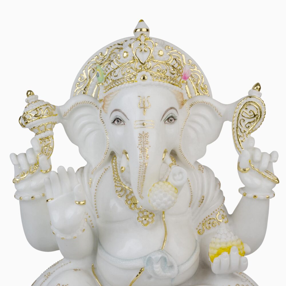 Ganesh Ji - Lord Ganesha In White Marble With Gold Work - Image 2