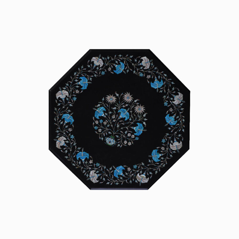 Floral Majesty Octagon Black Marble Dining Tabletop