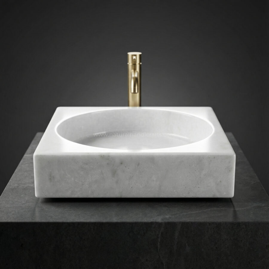 White Marble Square Minimalist Monolithic Basin