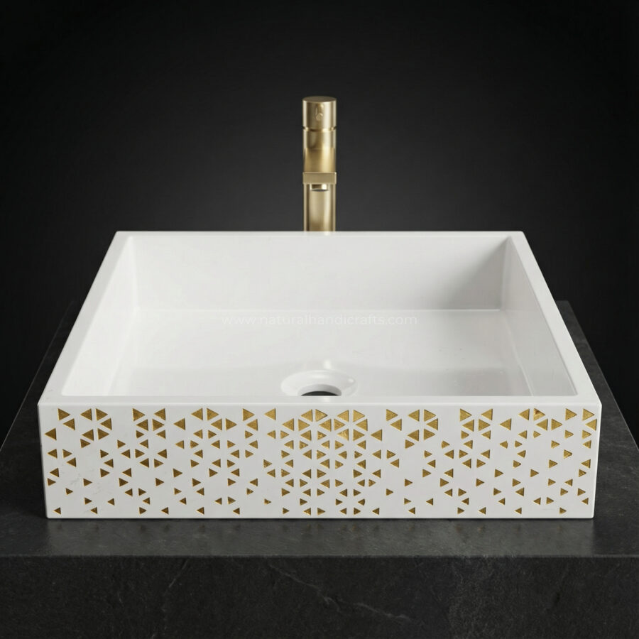 White Marble Gold Patterned Countertop Basin