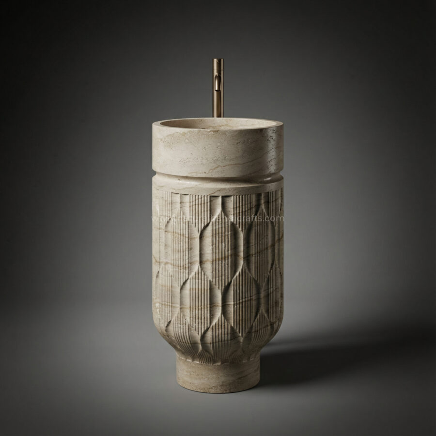 Italian Botticino Marble Textured Pillar Basin