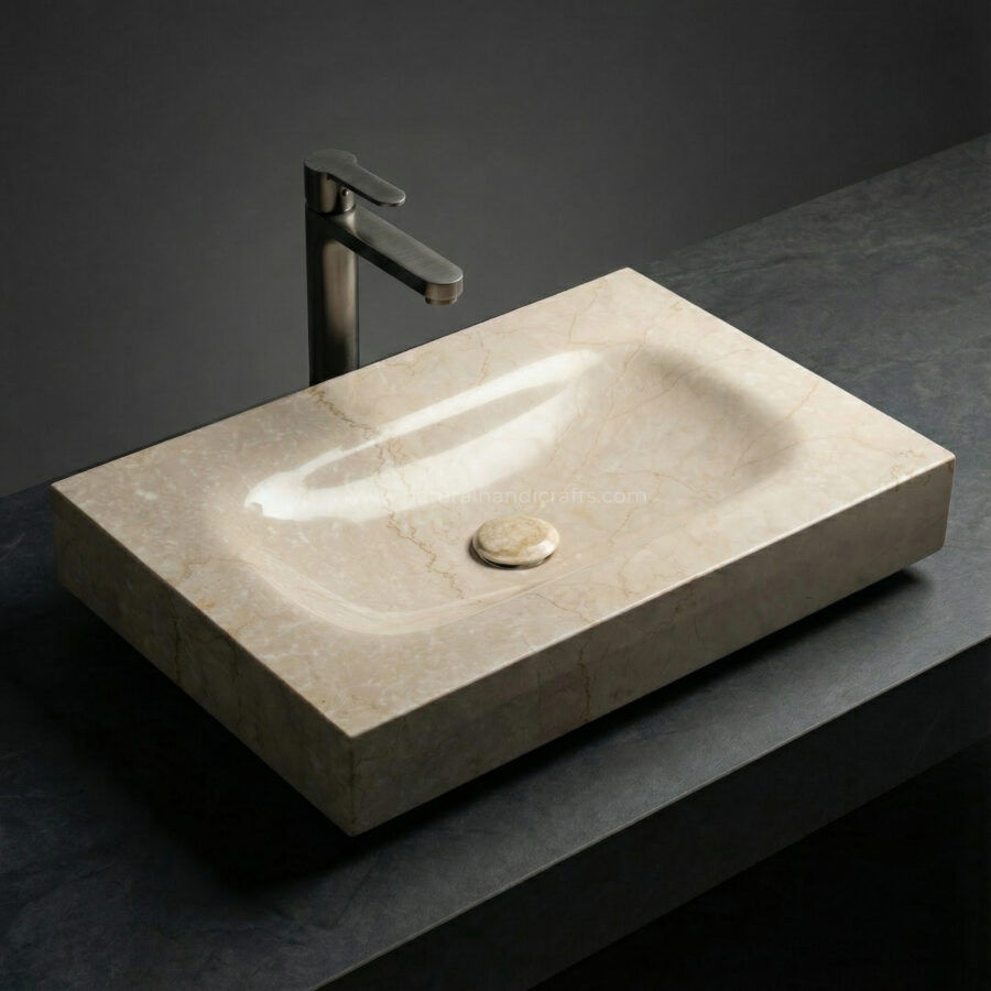 Italian Botticino Marble Rectangular Veined Basin