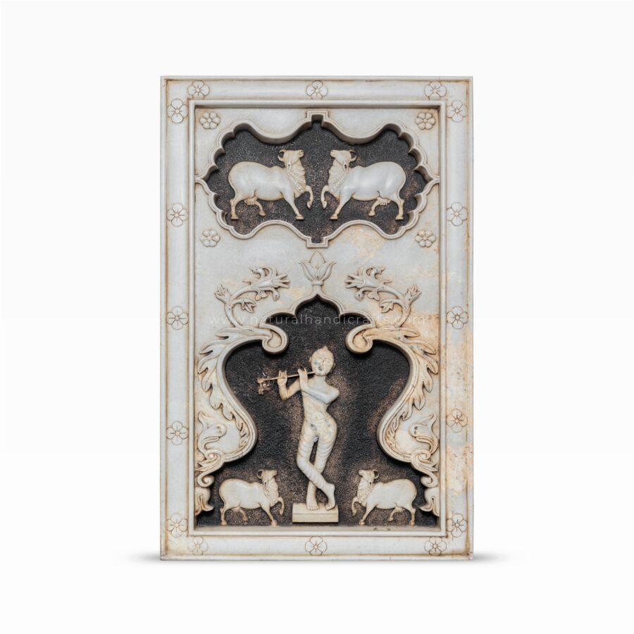 Divine Krishna & Gaumata Marble Wall Panel